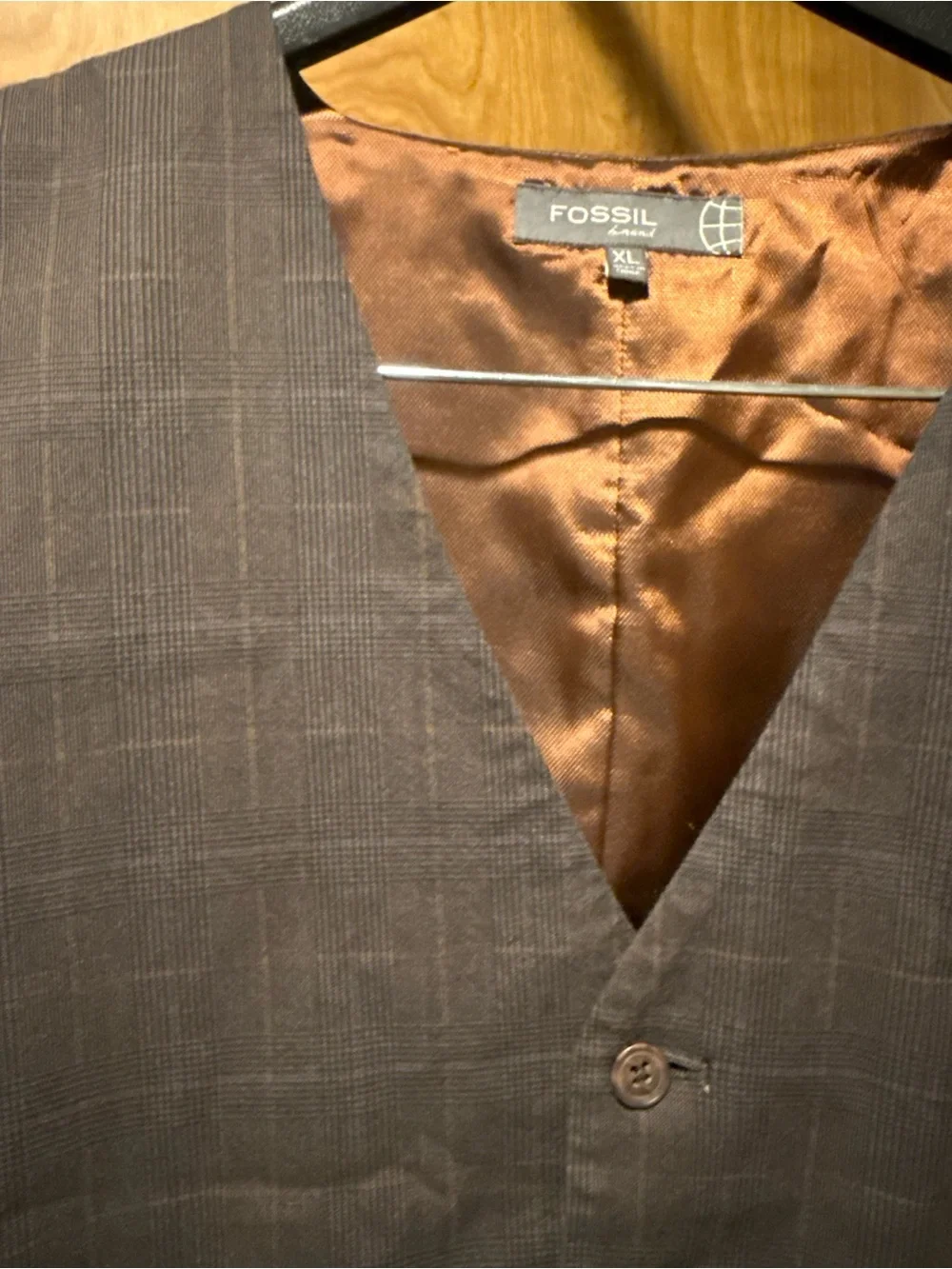 Fossil Brown Plaid Men's Dress Vest with Copper Lining